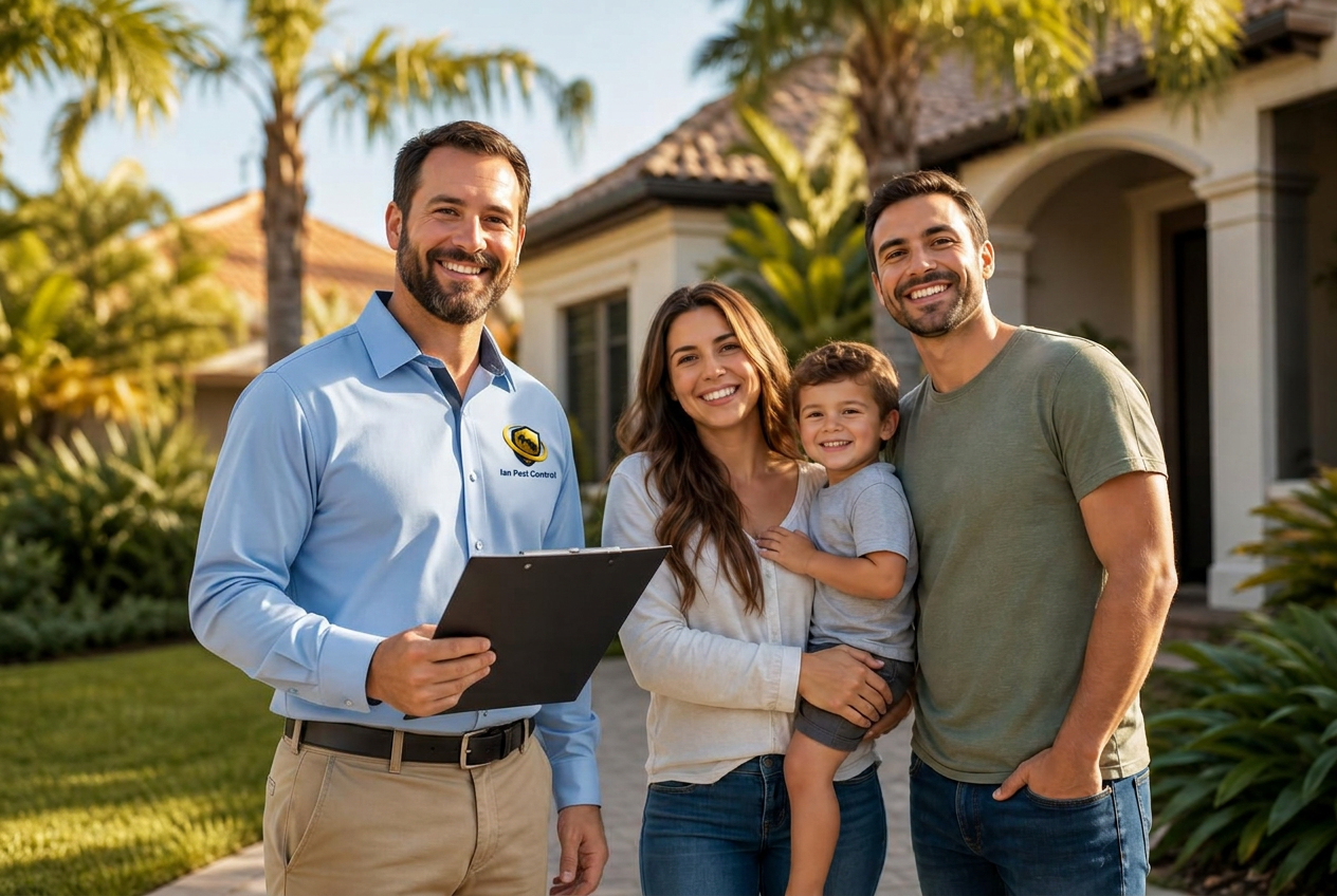 Friendly Ian Pest Control technician standing with a happy family in front of their Florida home