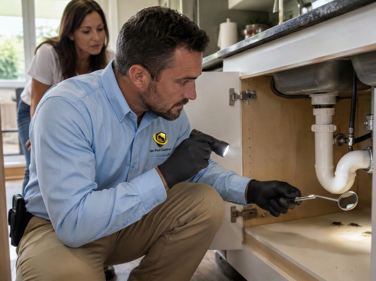Ian Pest Control technician inspecting beneath a kitchen sink for cockroach activity