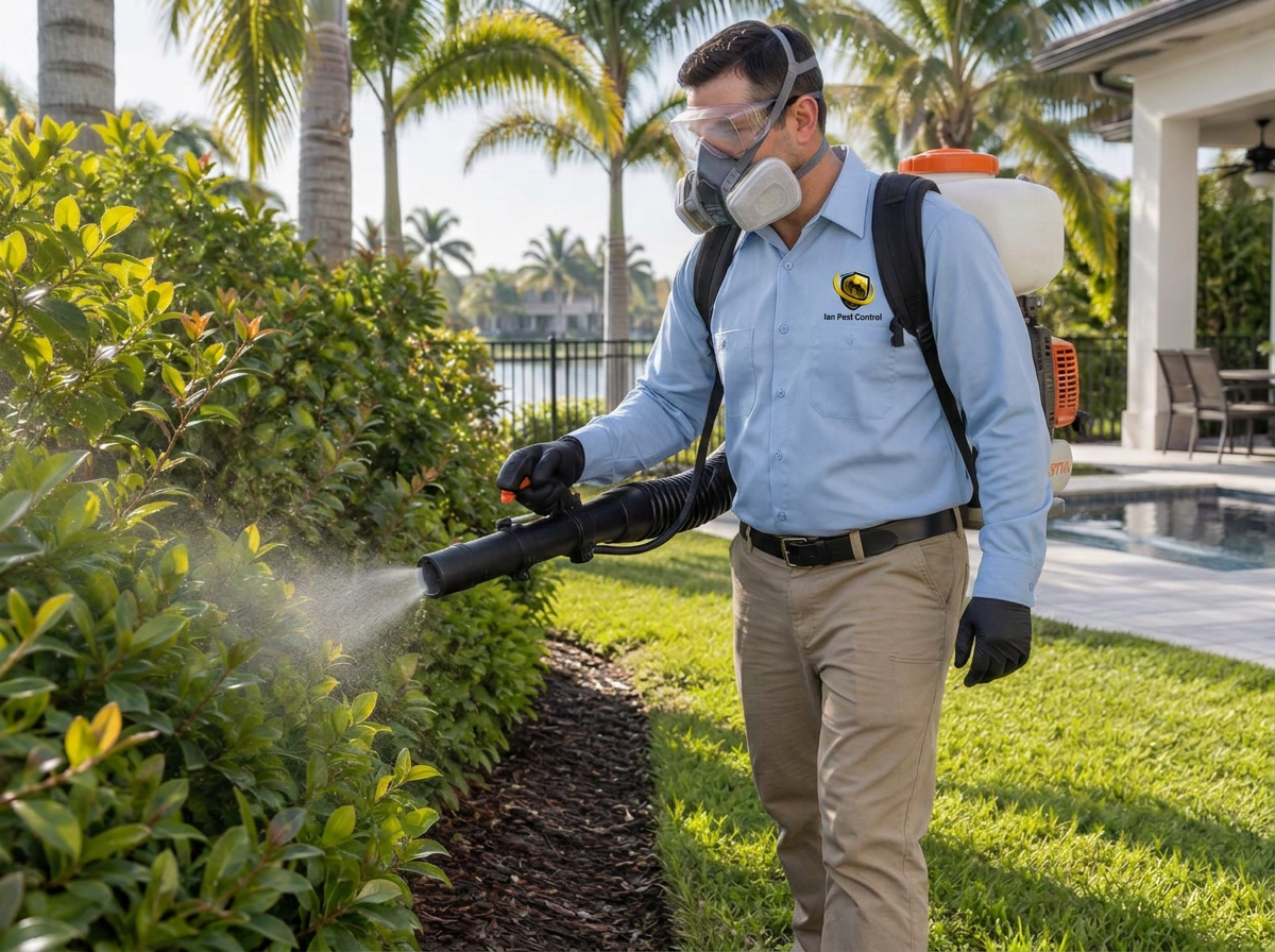Ian Pest Control technician treating landscaping for mosquitoes with protective equipment