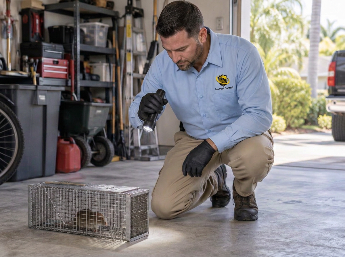 Ian Pest Control technician in a light-blue uniform inspecting a humane rodent trap