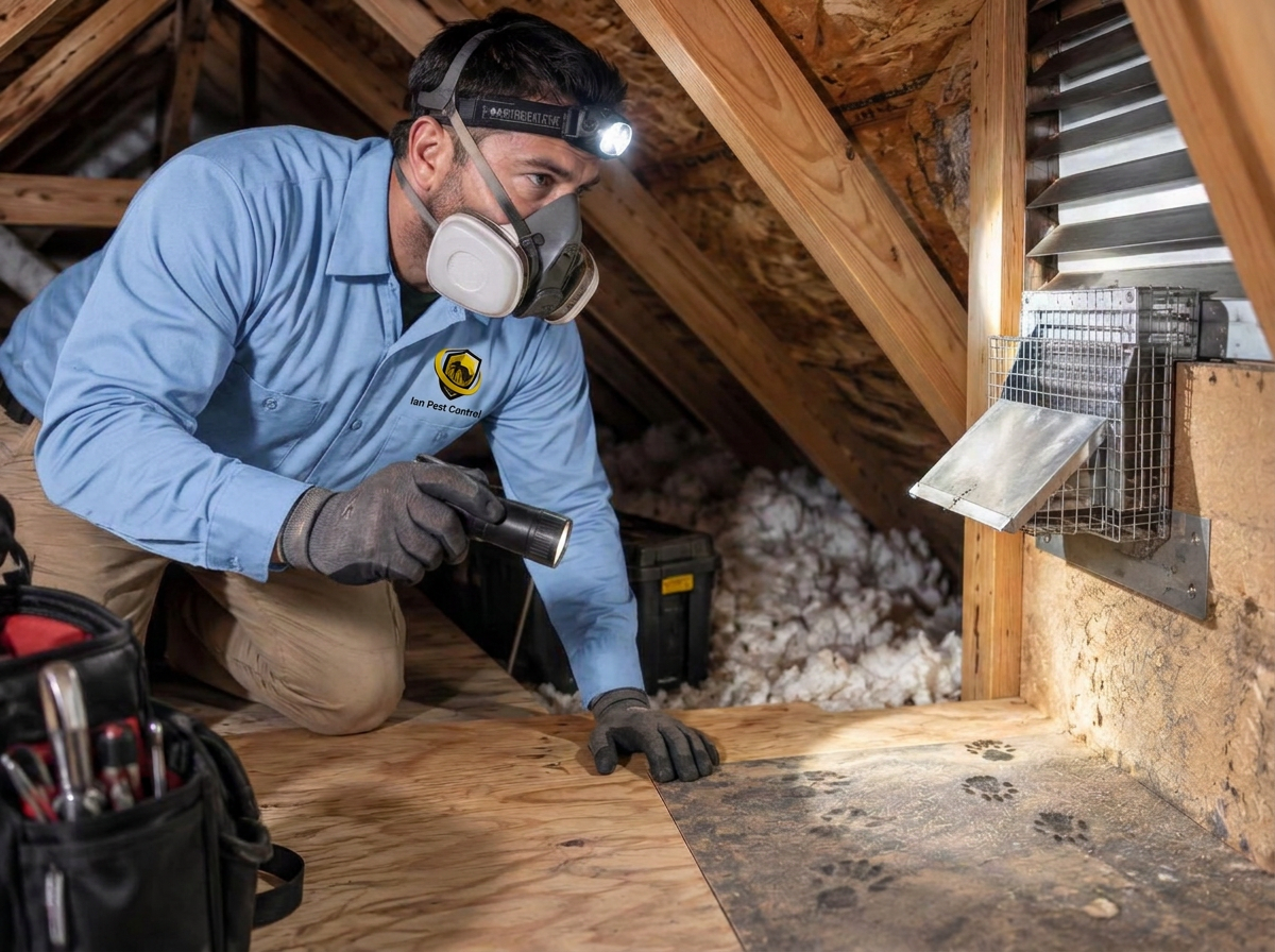 Ian Pest Control technician inspecting an attic for signs of wildlife activity