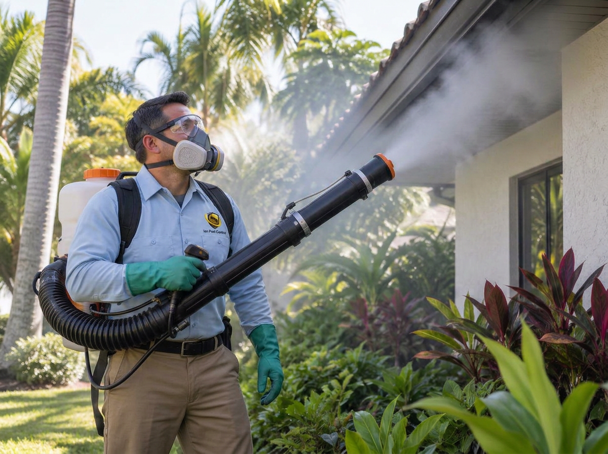 Ian Pest Control technician applying a targeted exterior pest treatment with protective equipment