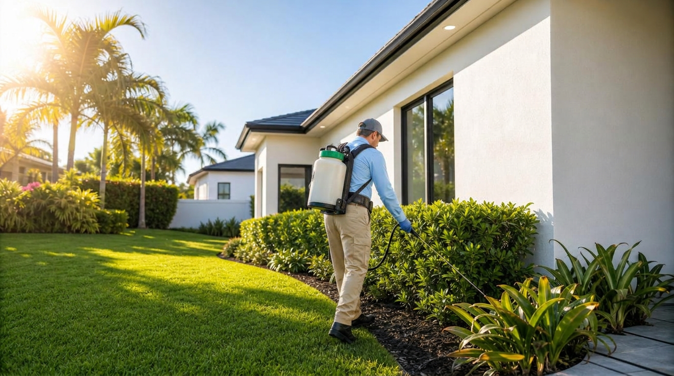 Pest control technician treating a South Florida home