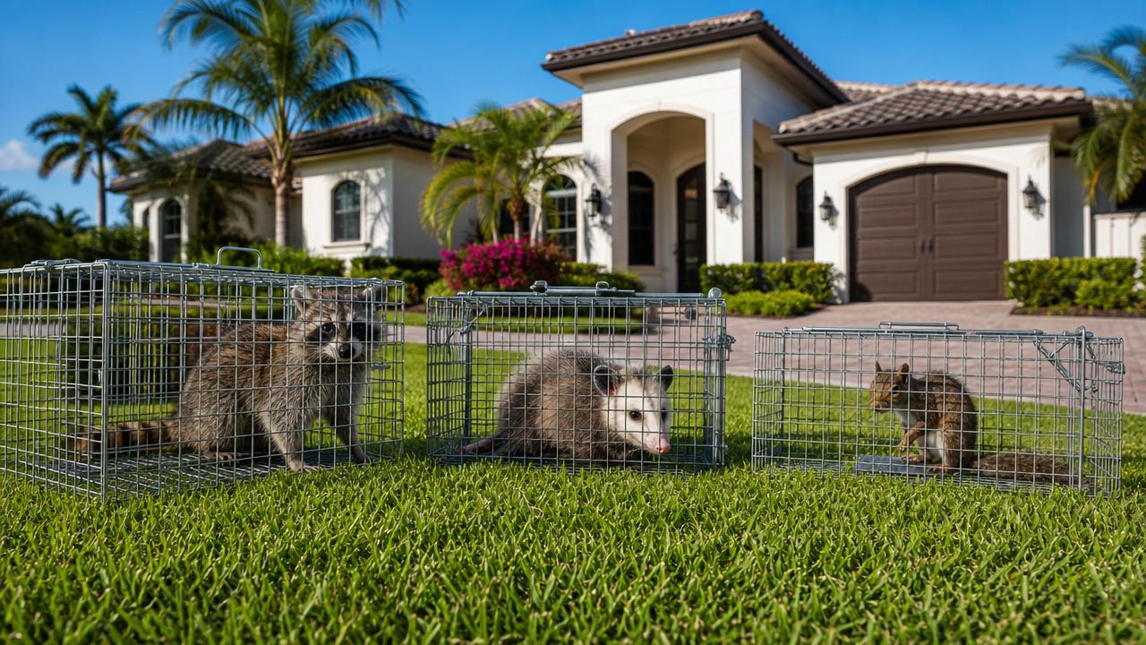 Humane wildlife cages with raccoon, opossum, and squirrel in front of a South Florida home
